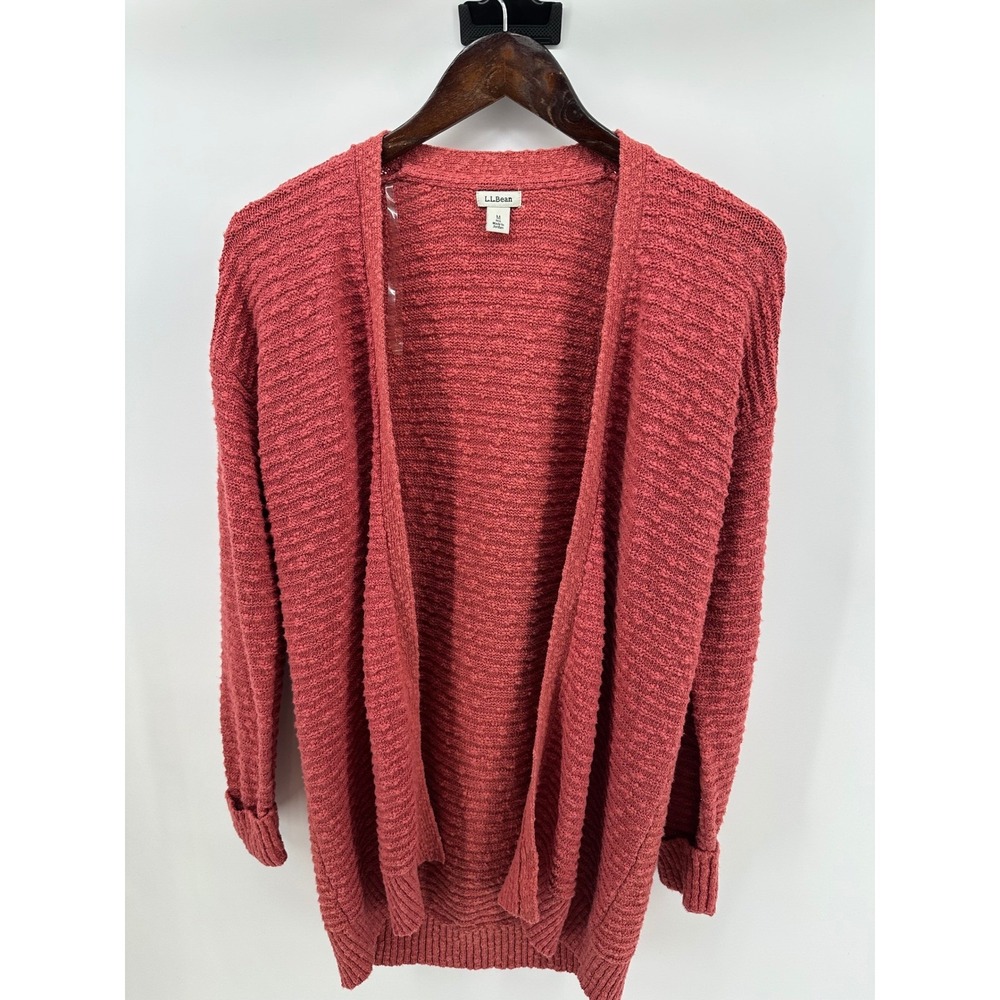 LL Bean Womens Rose Pink Textured Slub 100% Cotton Open Front Cardigan Sweater M